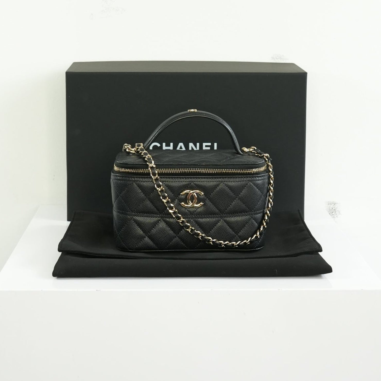 Chanel Black Slim Vanity Top Handle Bag Full Set