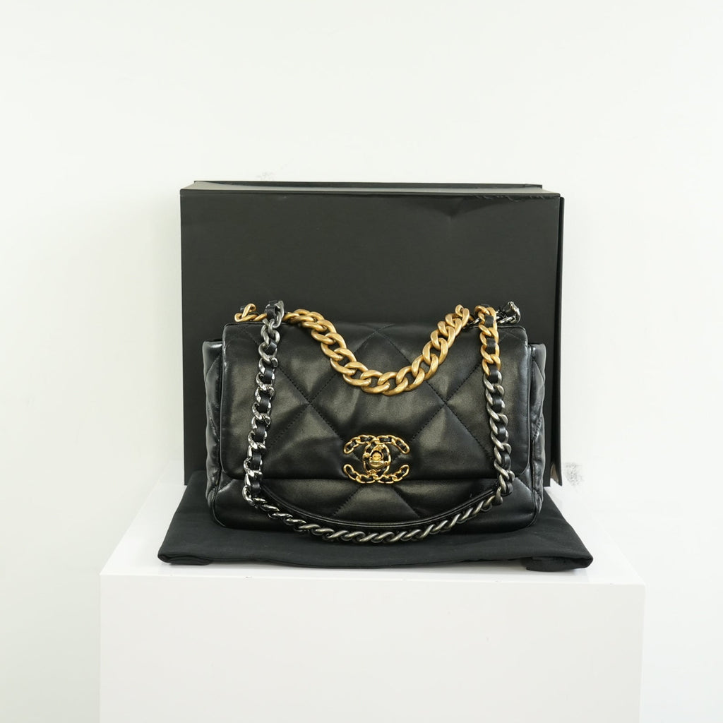 Chanel 19 Black Lambskin Medium Flap Bag Ful Set