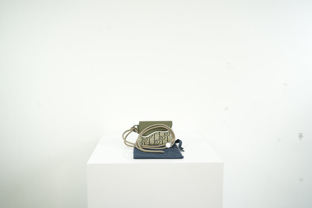 Christian Dior Saddle Oblique Jacquard Green/Gray Flap Card Holder Wallet w/ String and Dust Bag