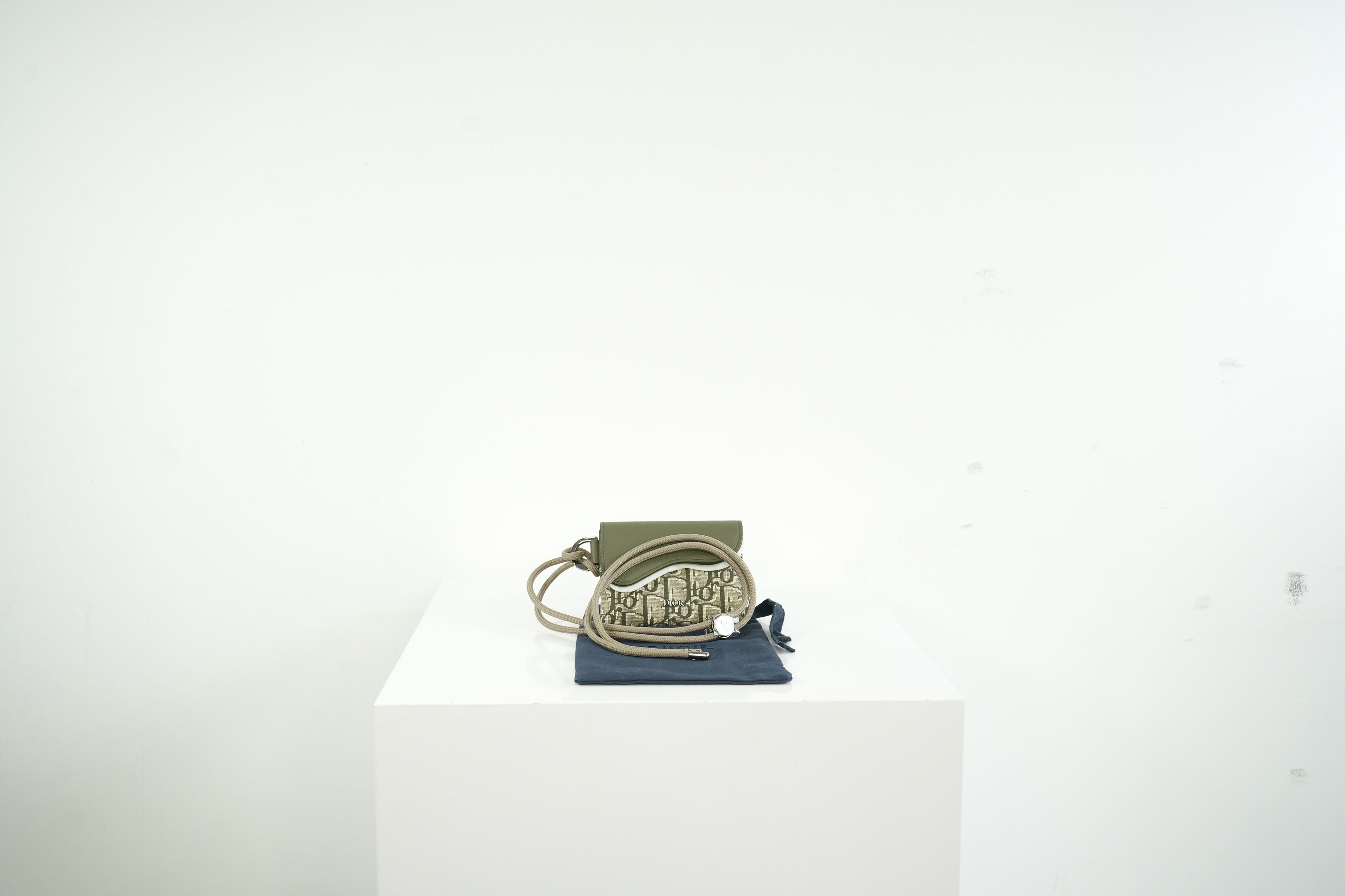 Christian Dior Saddle Oblique Jacquard Green/Gray Flap Card Holder Wallet w/ String and Dust Bag