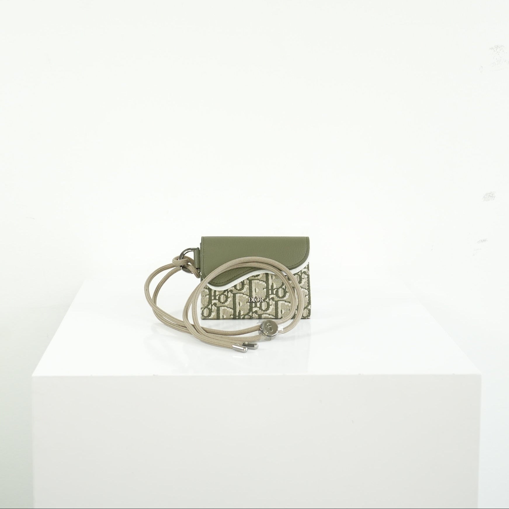 Christian Dior Saddle Oblique Jacquard Green/Gray Flap Card Holder Wallet w/ String and Dust Bag