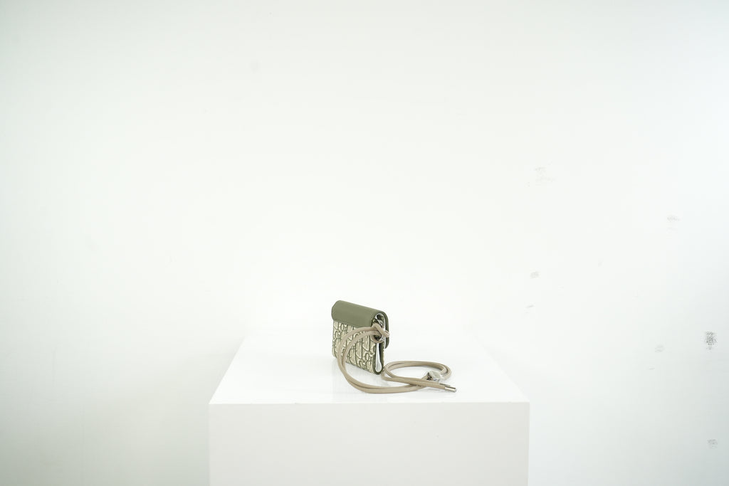 Christian Dior Saddle Oblique Jacquard Green/Gray Flap Card Holder Wallet w/ String and Dust Bag