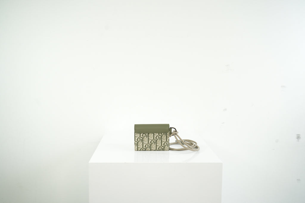 Christian Dior Saddle Oblique Jacquard Green/Gray Flap Card Holder Wallet w/ String and Dust Bag