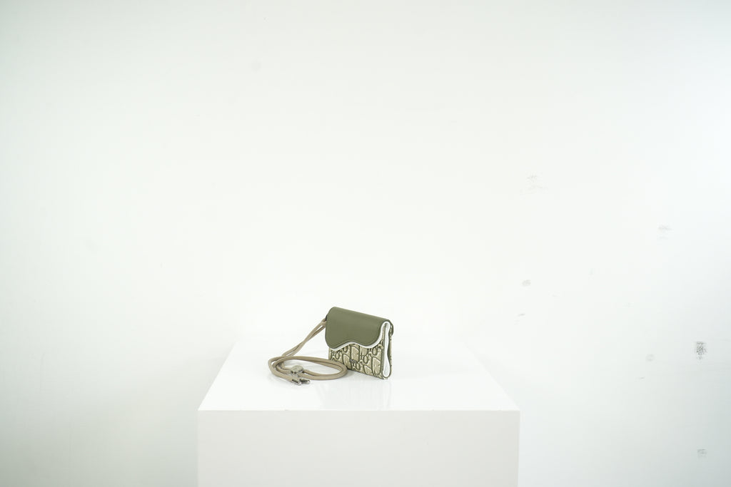 Christian Dior Saddle Oblique Jacquard Green/Gray Flap Card Holder Wallet w/ String and Dust Bag