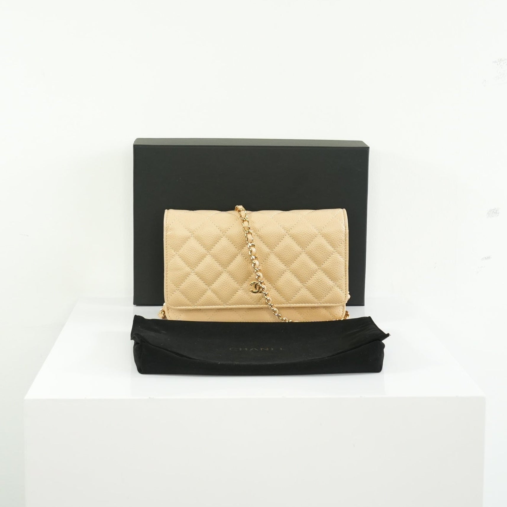Chanel Beige Quilted Caviar Leather Wallet On Chain Full Set