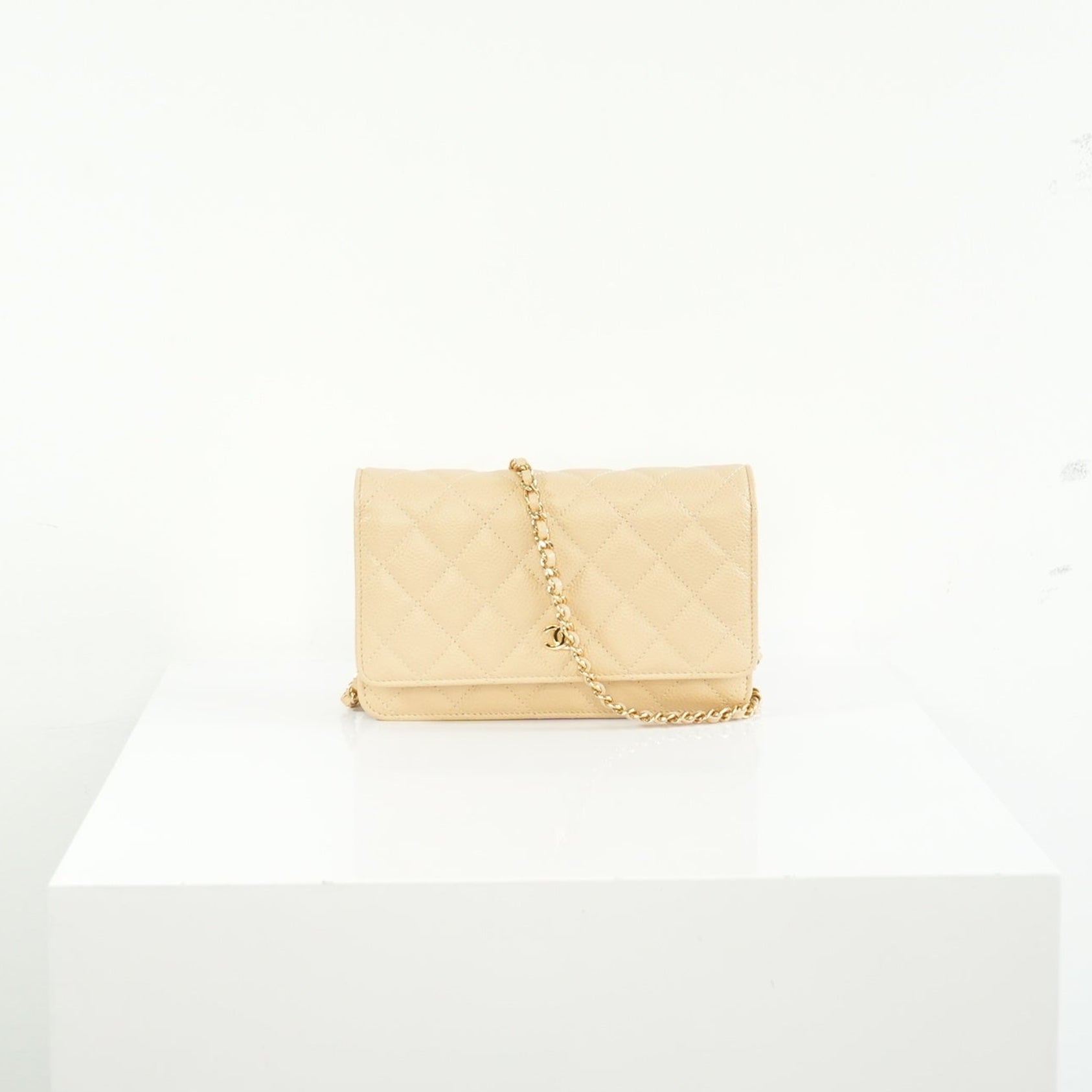 Chanel Beige Quilted Caviar Leather Wallet On Chain Full Set