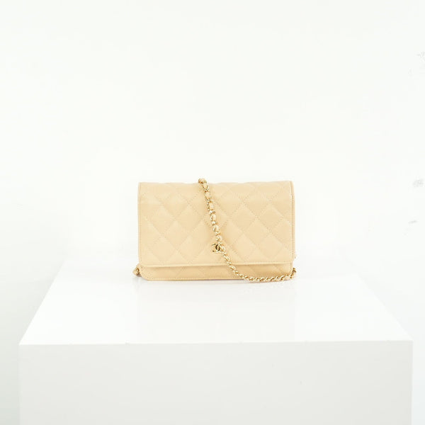 Chanel Beige Quilted Caviar Leather Wallet On Chain Full Set