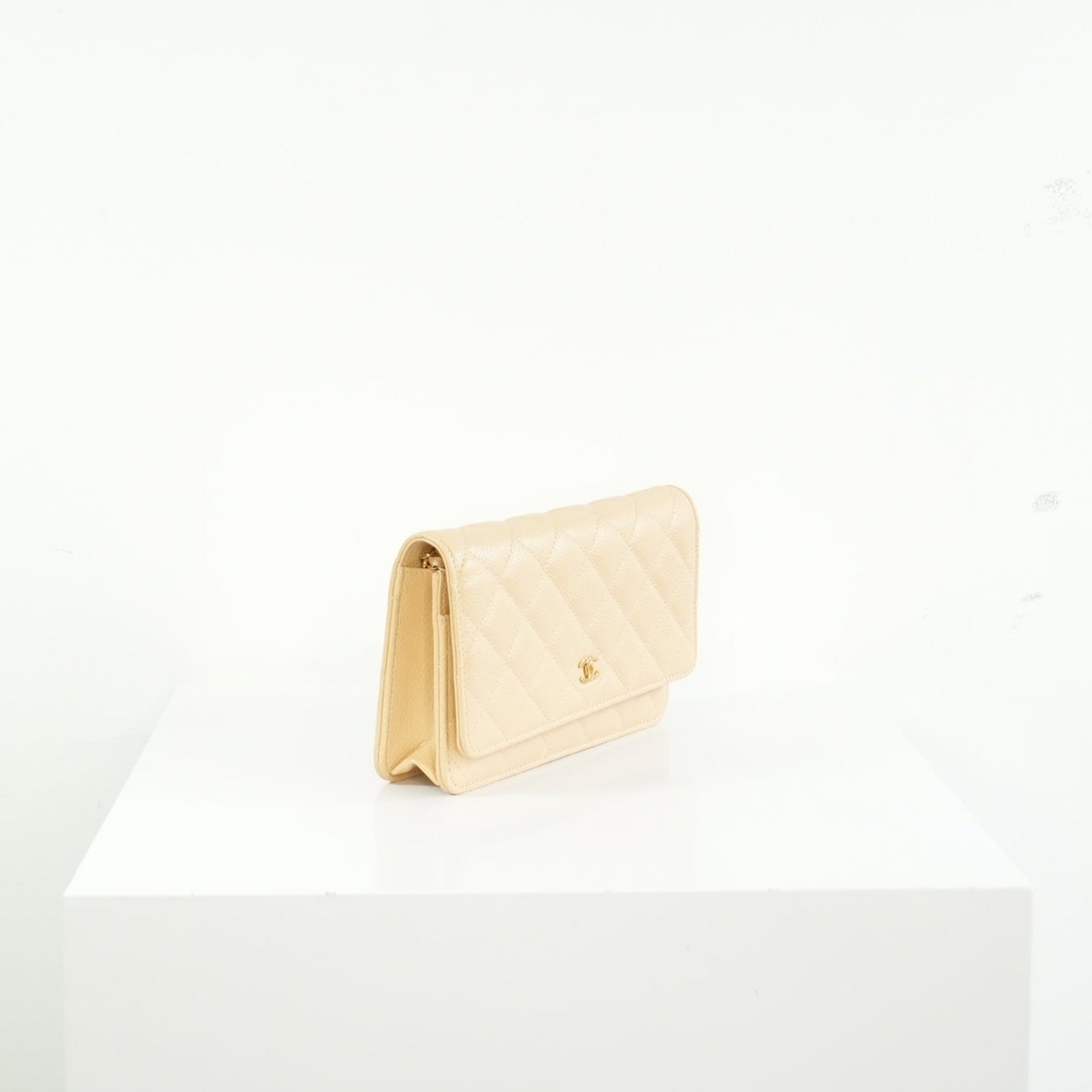 Chanel Beige Quilted Caviar Leather Wallet On Chain Full Set