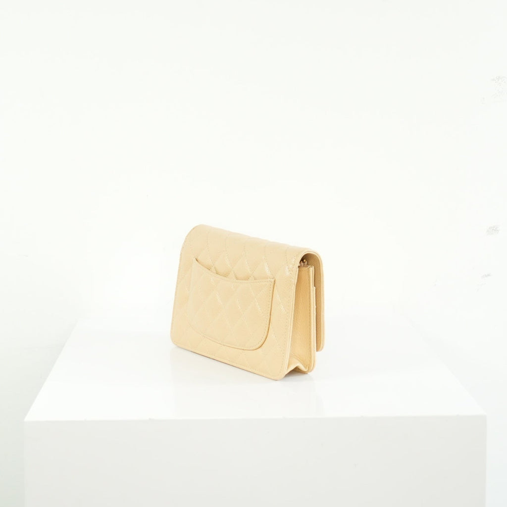 Chanel Beige Quilted Caviar Leather Wallet On Chain Full Set