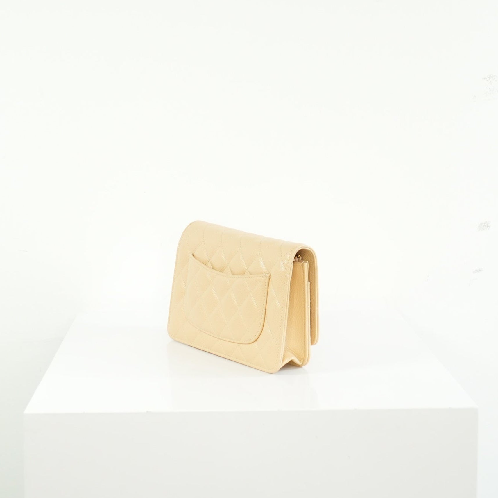 Chanel Beige Quilted Caviar Leather Wallet On Chain Full Set