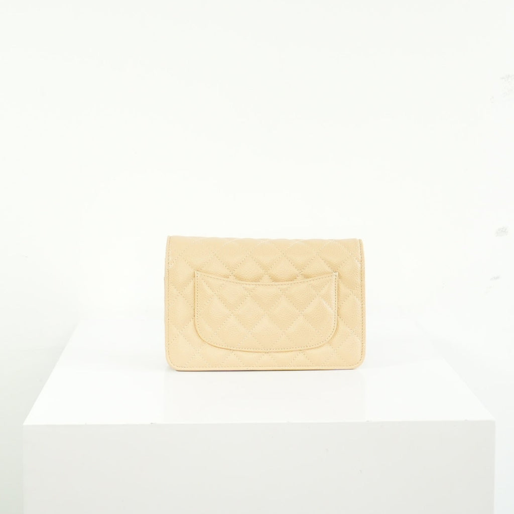 Chanel Beige Quilted Caviar Leather Wallet On Chain Full Set