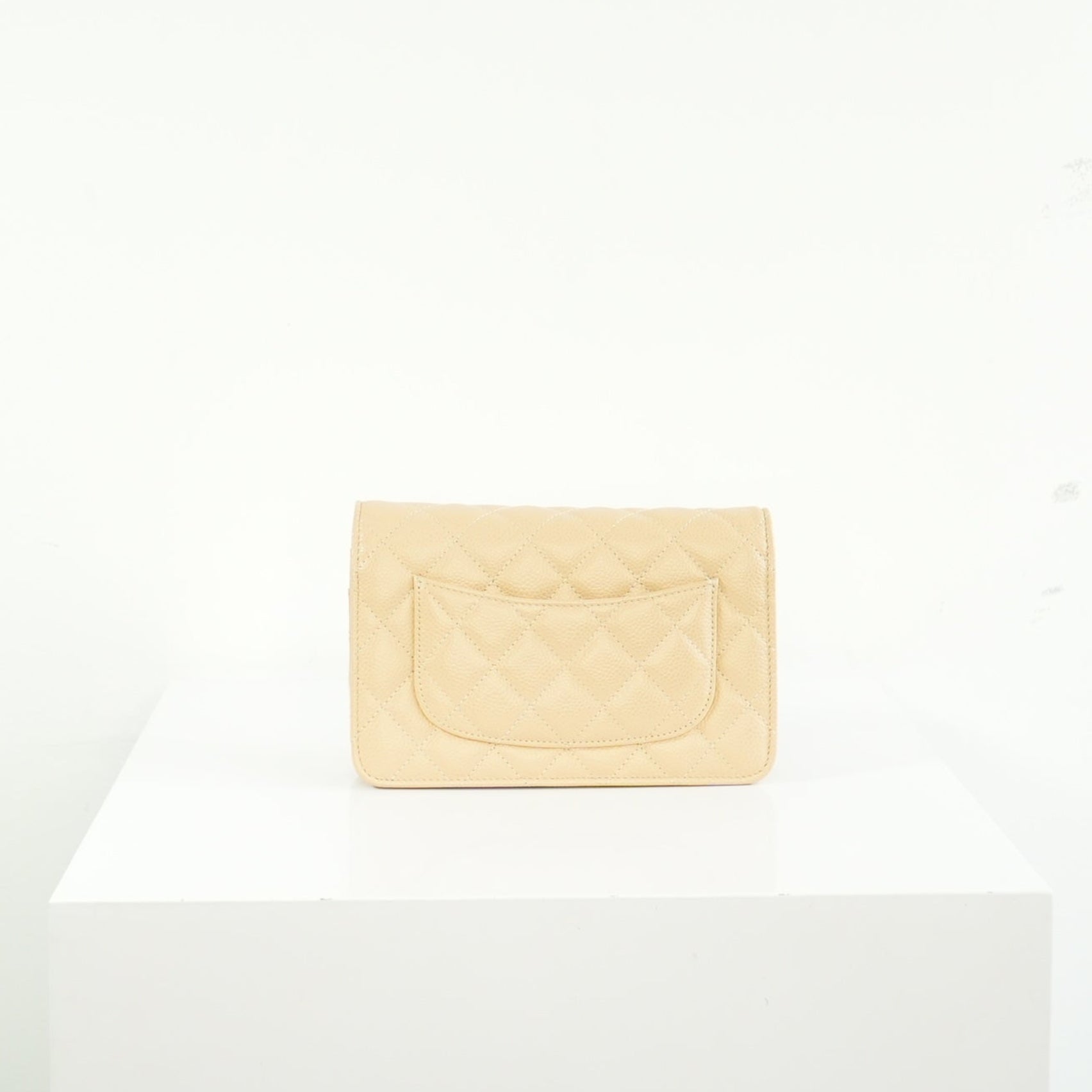 Chanel Beige Quilted Caviar Leather Wallet On Chain Full Set