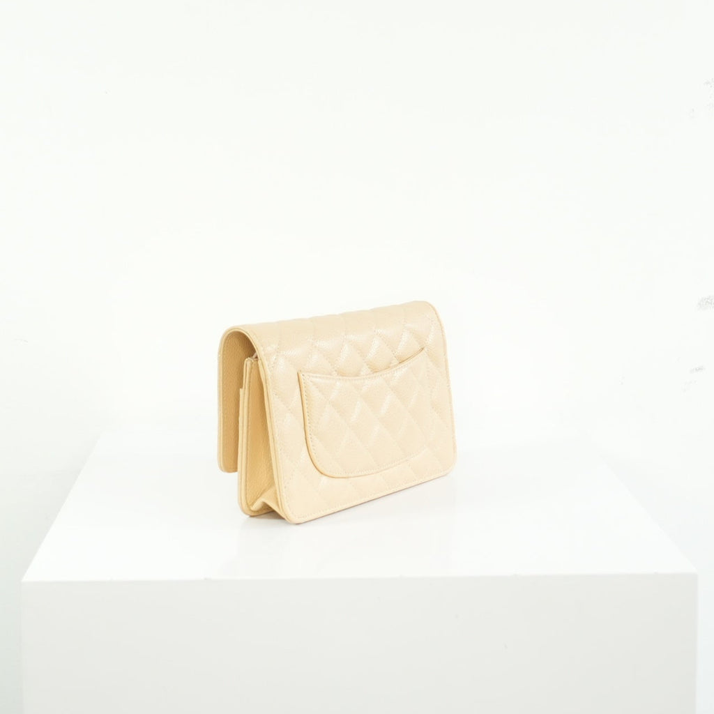 Chanel Beige Quilted Caviar Leather Wallet On Chain Full Set