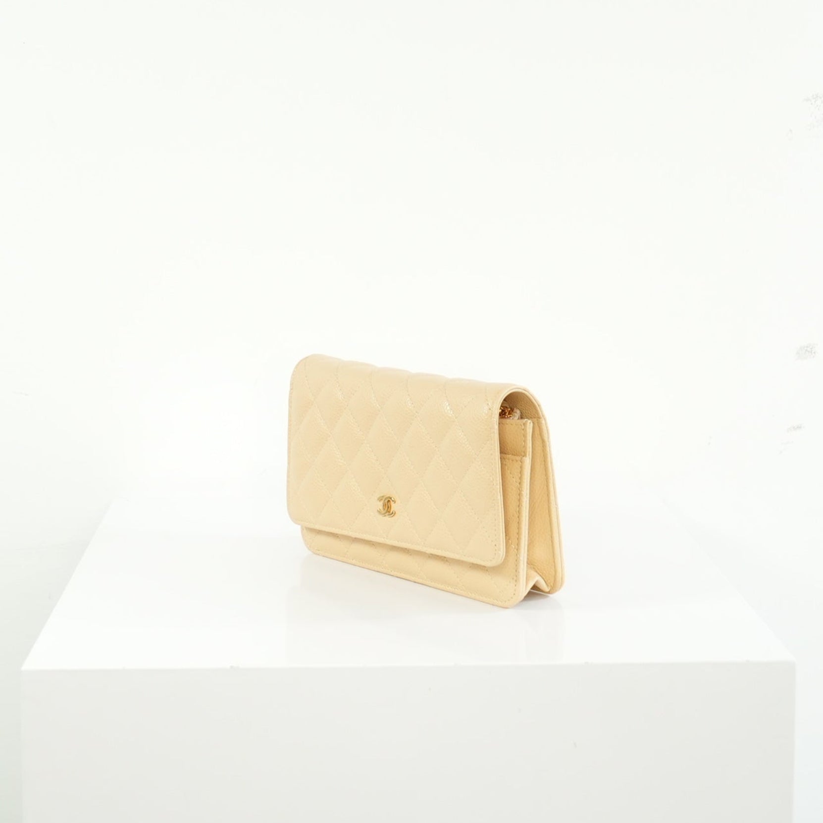 Chanel Beige Quilted Caviar Leather Wallet On Chain Full Set