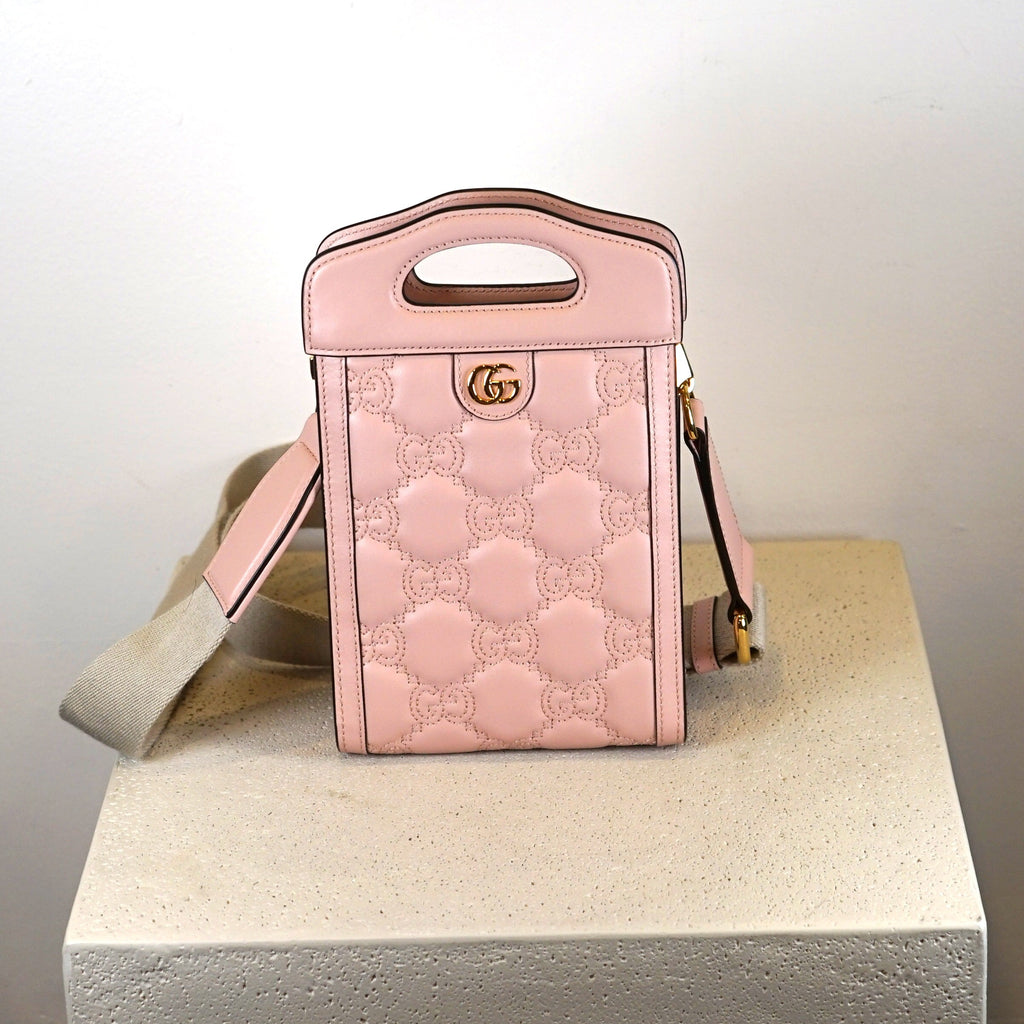Gucci Calfskin GG Mattalasse Mini Top Slip Handle Crossbody Pink