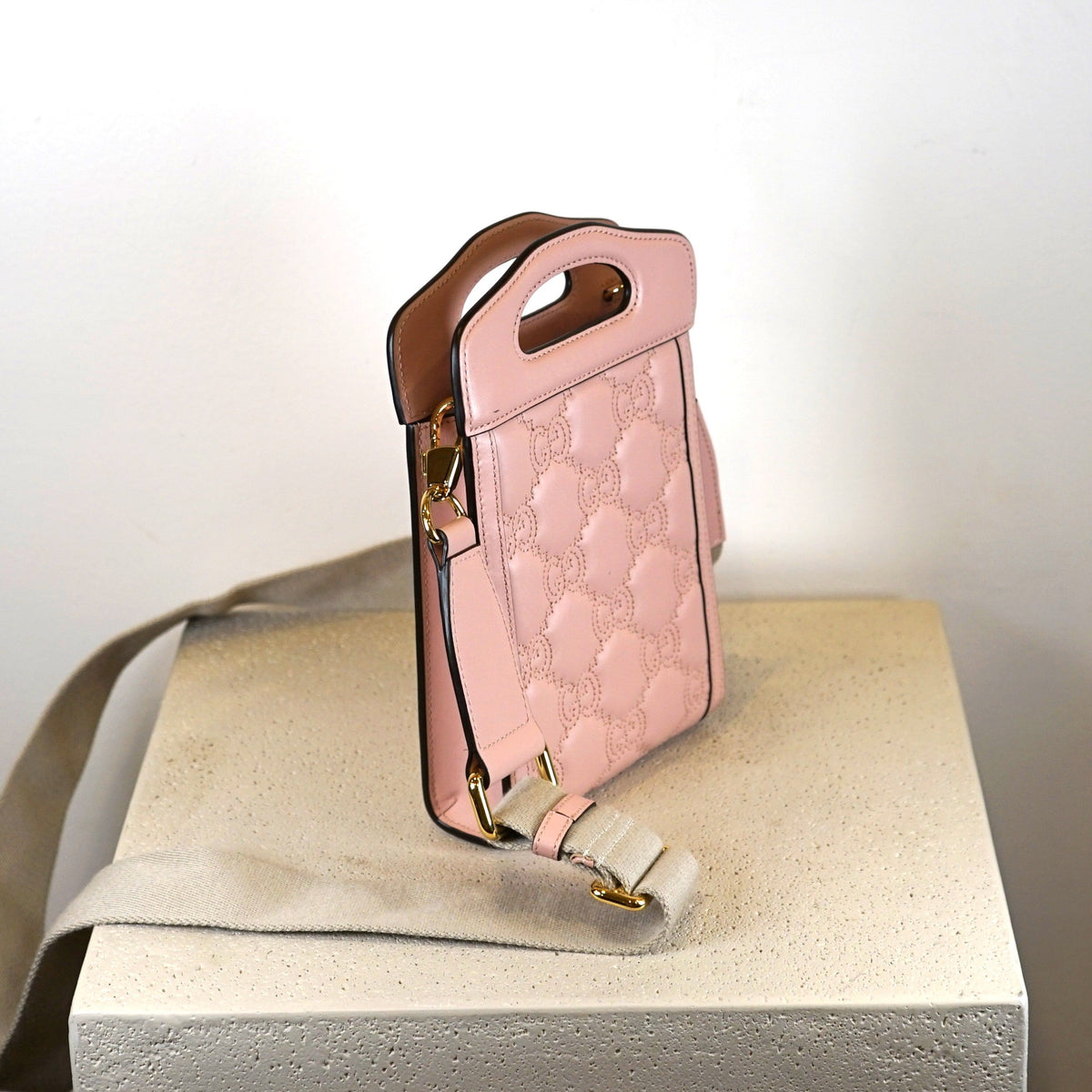 Gucci Calfskin GG Mattalasse Mini Top Slip Handle Crossbody Pink