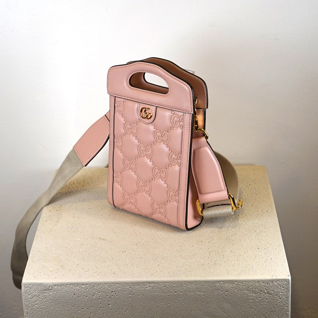 Gucci Calfskin GG Mattalasse Mini Top Slip Handle Crossbody Pink