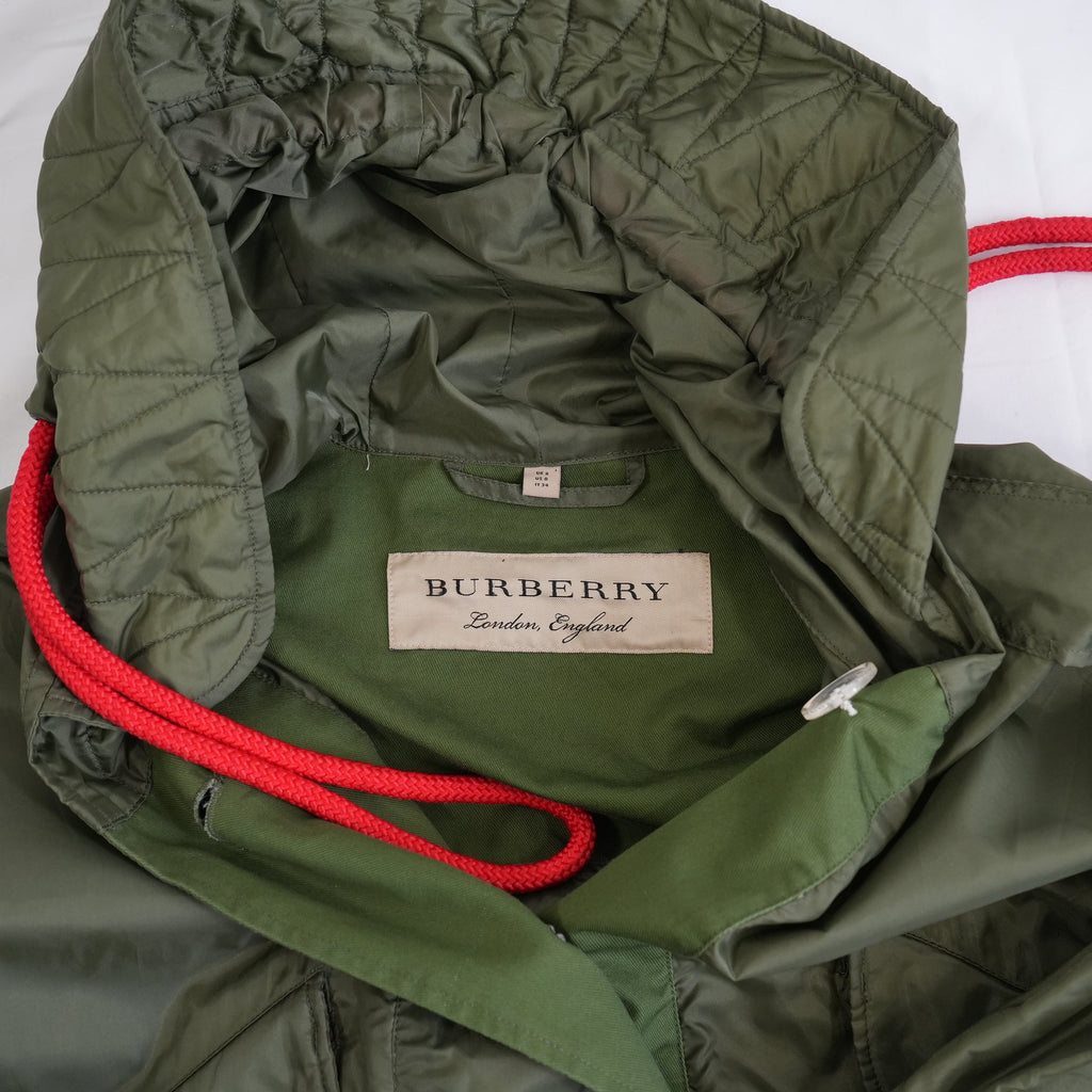 Burberry Nylon Hooded Mod Coat Parka Jacket Olive Green Size 0