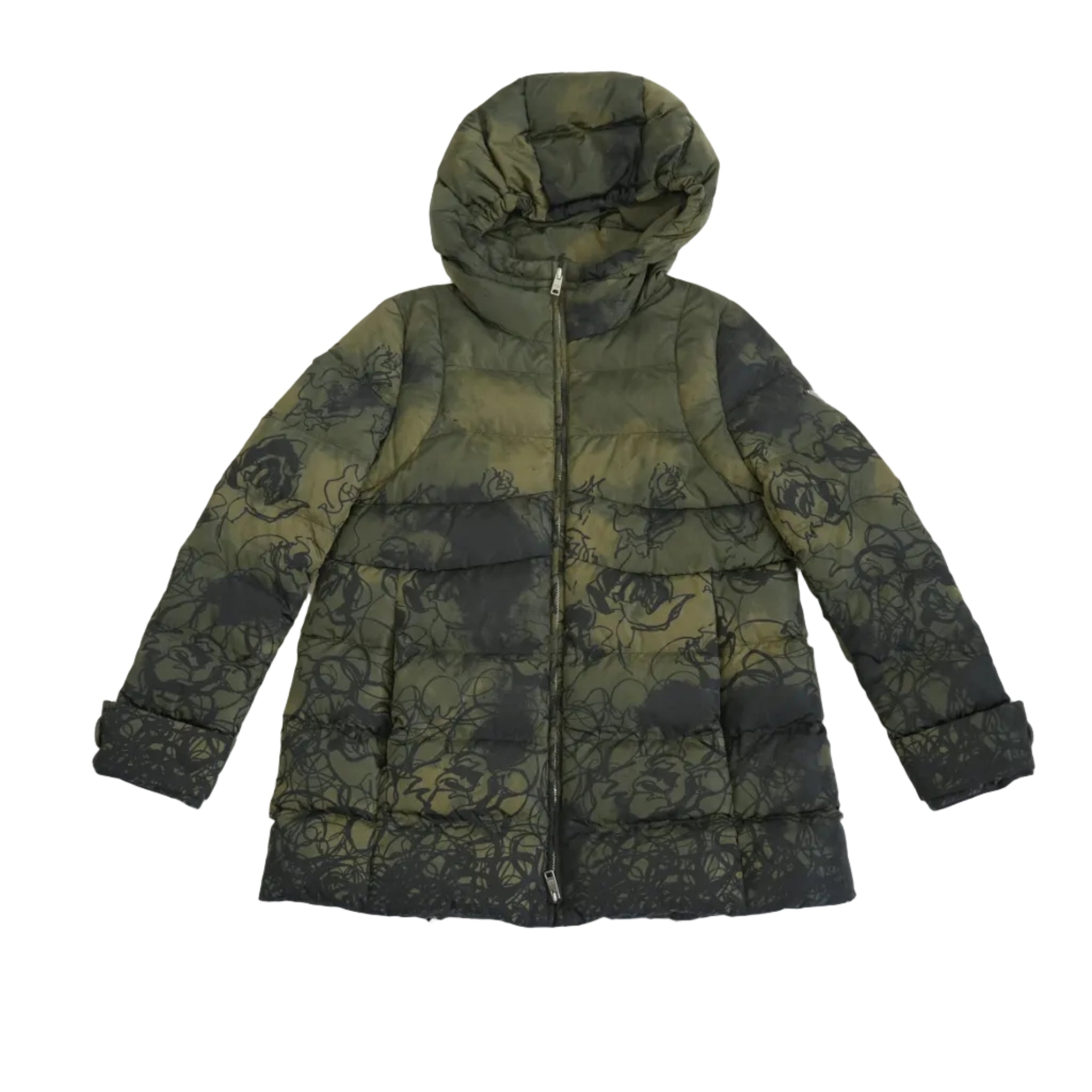 Prada Floral Camouflage Down Hooded Full Zip Puffer Jacket Size 38