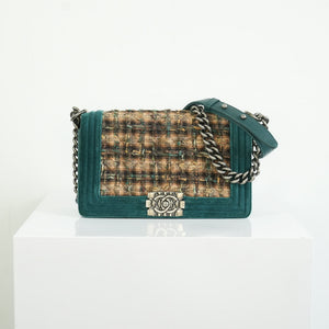 Chanel Paris-Edinburgh Tweed Boy Bag Green Velvet Trim