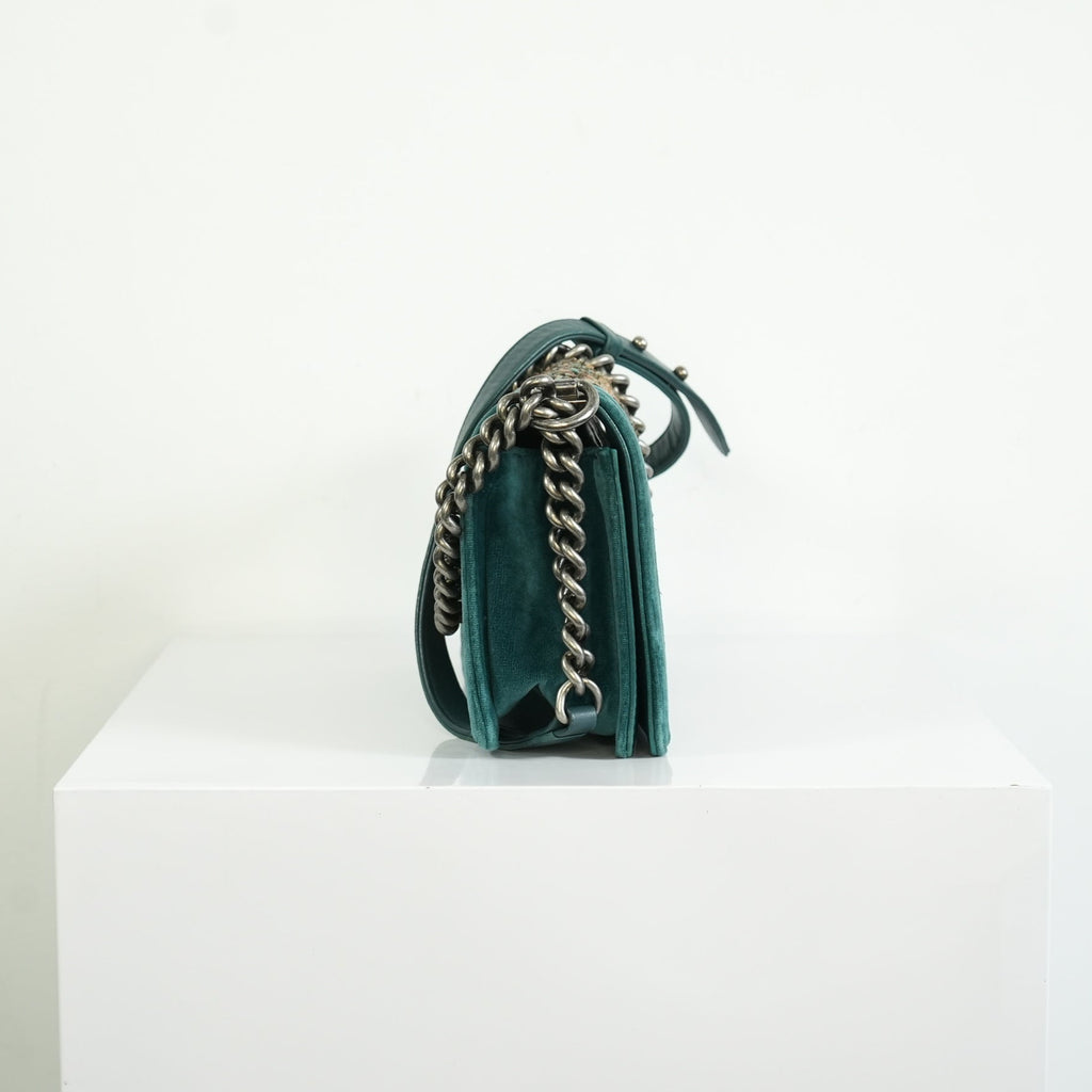 Chanel Paris-Edinburgh Tweed Boy Bag Green Velvet Trim