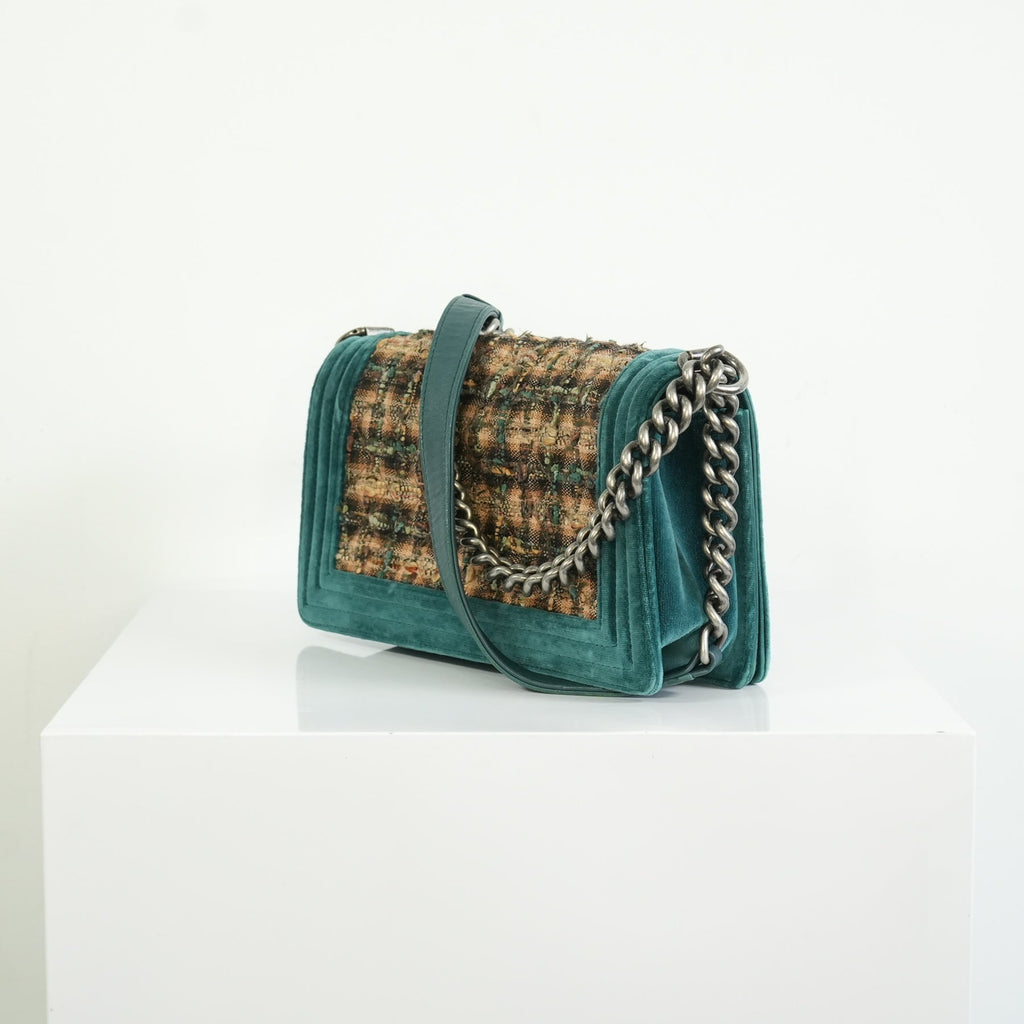 Chanel Paris-Edinburgh Tweed Boy Bag Green Velvet Trim