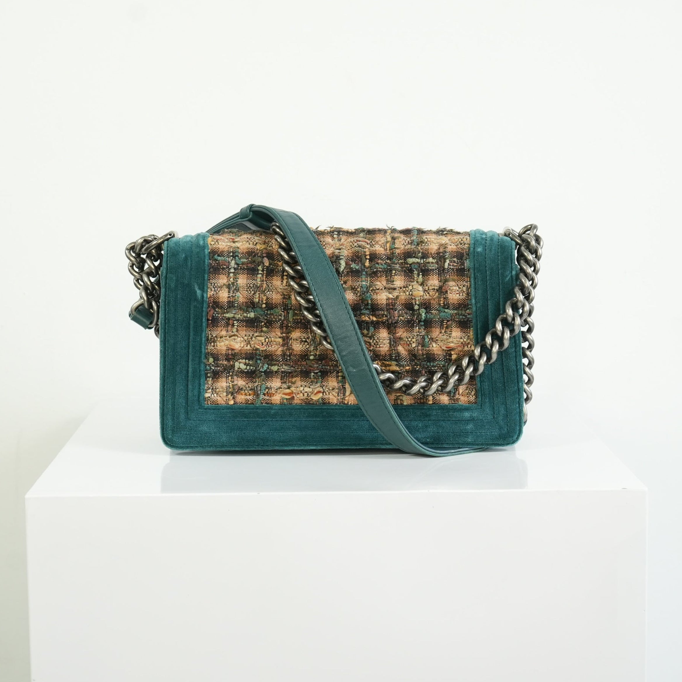 Chanel Paris-Edinburgh Tweed Boy Bag Green Velvet Trim