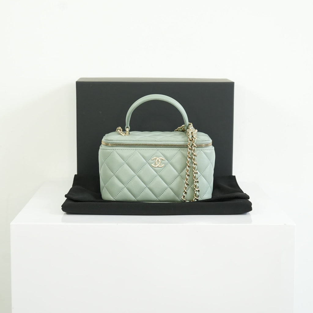Chanel Top Handle Vanity Case Light Green with Chain, Full set