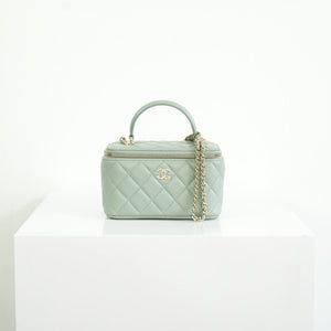 Chanel Top Handle Vanity Case Light Green with Chain, Full set