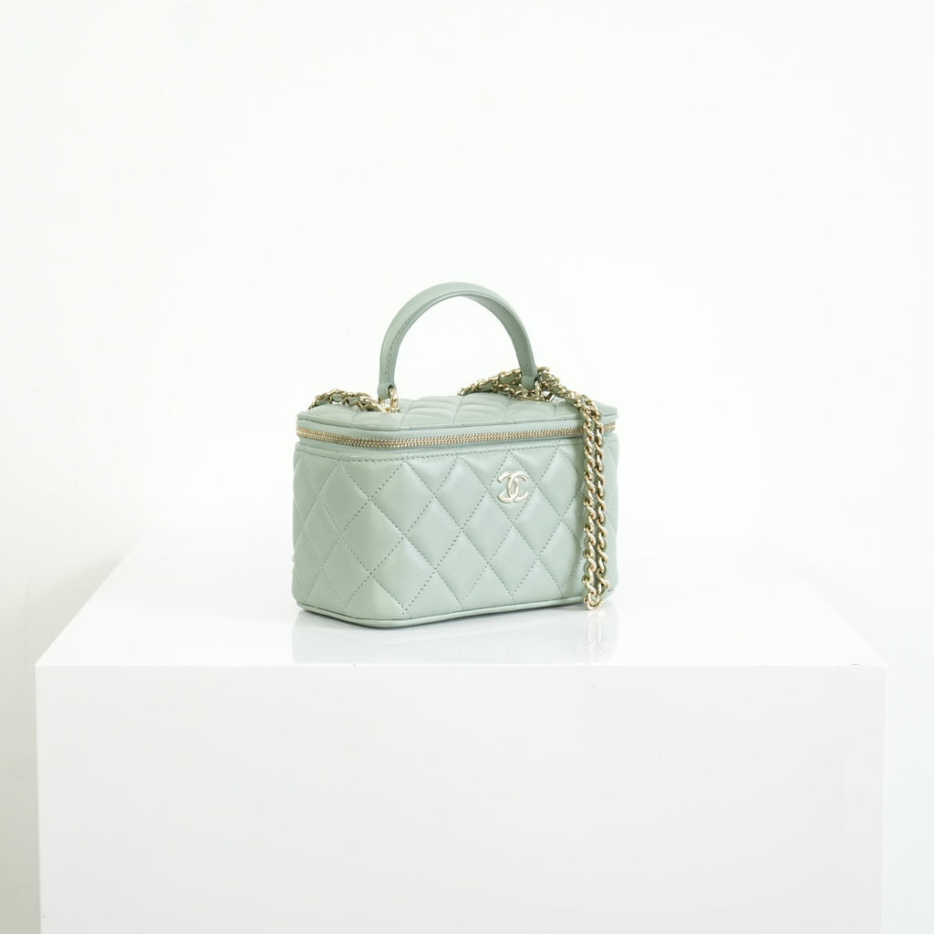 Chanel Top Handle Vanity Case Light Green with Chain, Full set