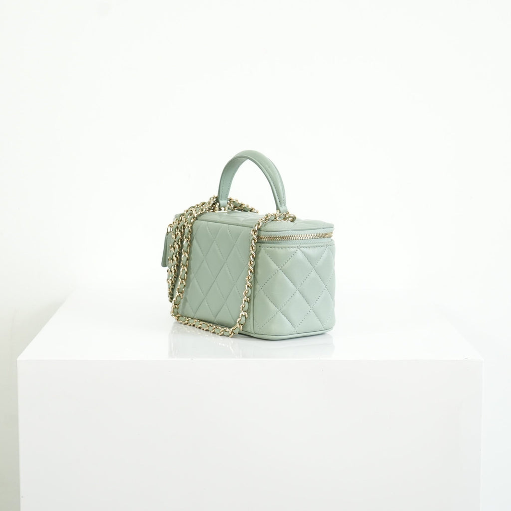Chanel Top Handle Vanity Case Light Green with Chain, Full set