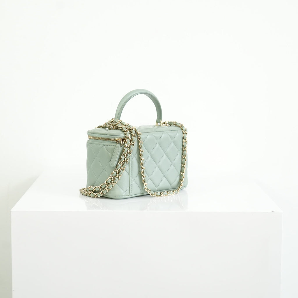 Chanel Top Handle Vanity Case Light Green with Chain, Full set