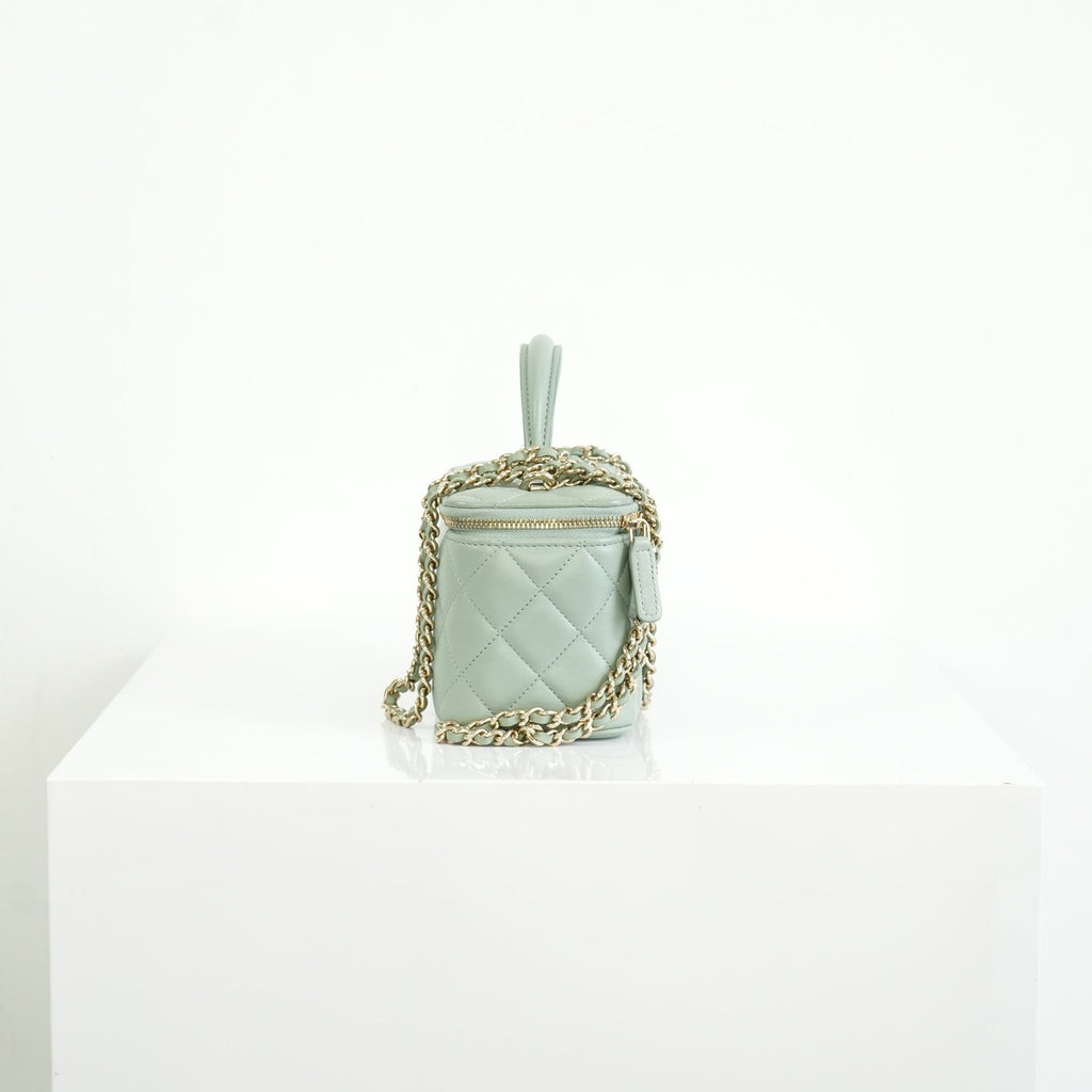Chanel Top Handle Vanity Case Light Green with Chain, Full set