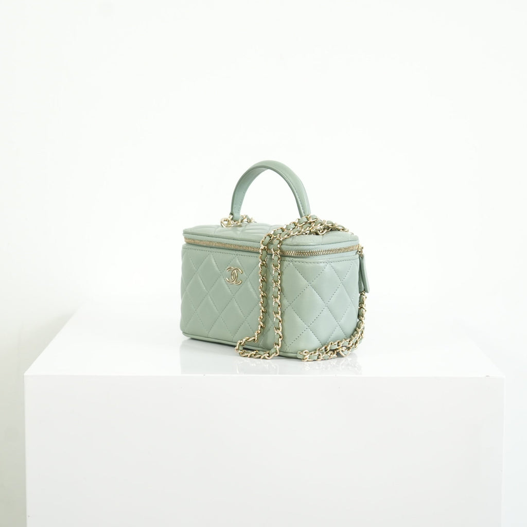 Chanel Top Handle Vanity Case Light Green with Chain, Full set