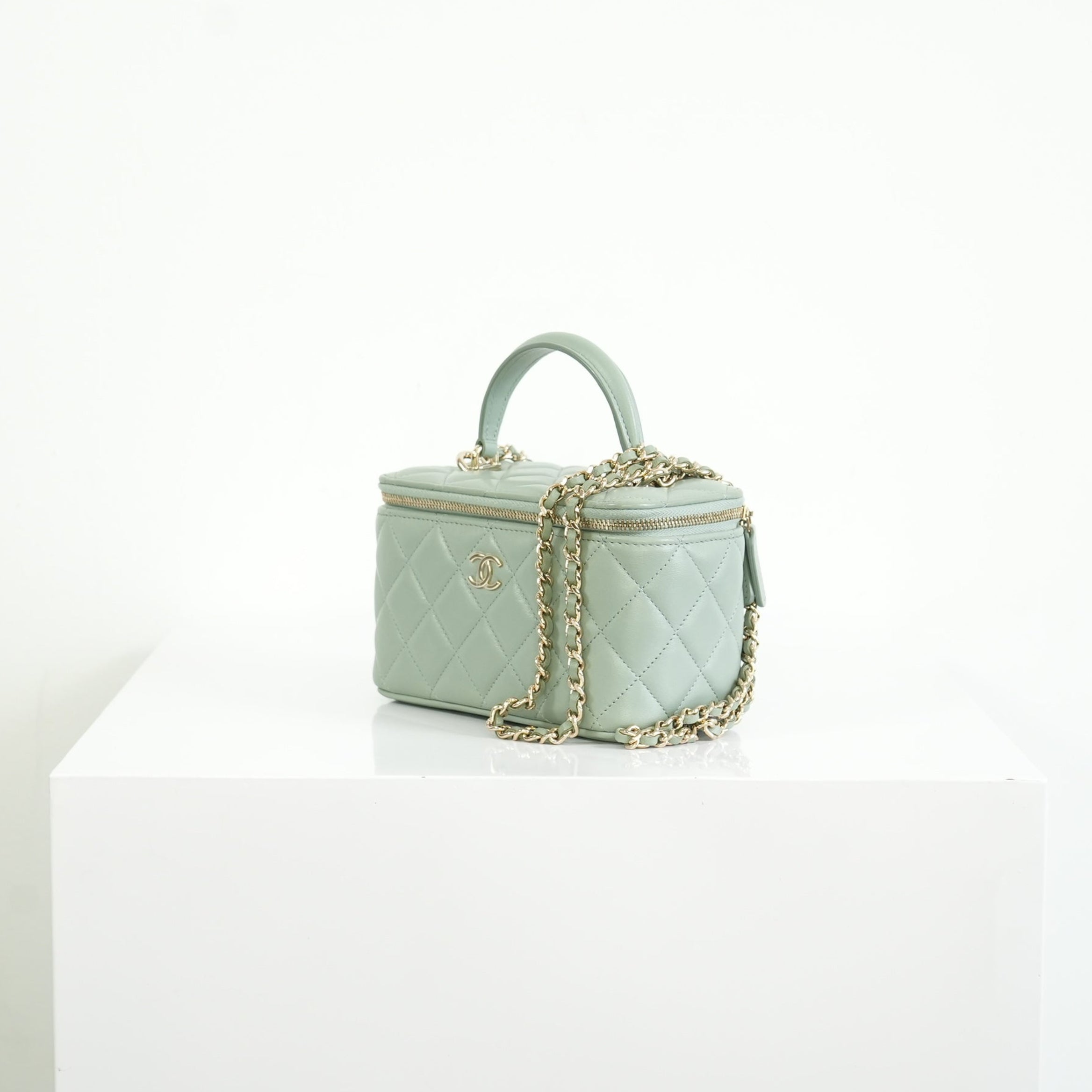 Chanel Top Handle Vanity Case Light Green with Chain, Full set