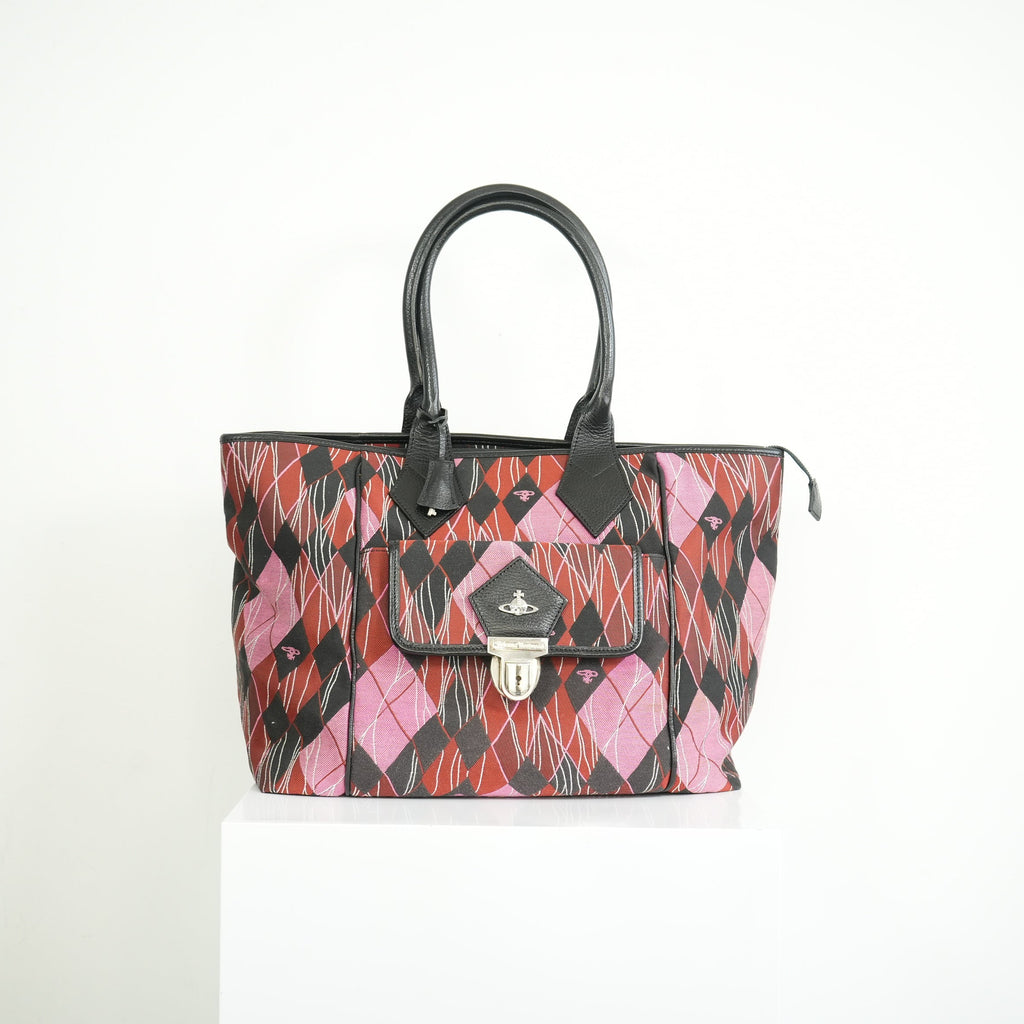 Vivienne Westwood Red and Pink Argyle Fabric Pattern Tote Bag
