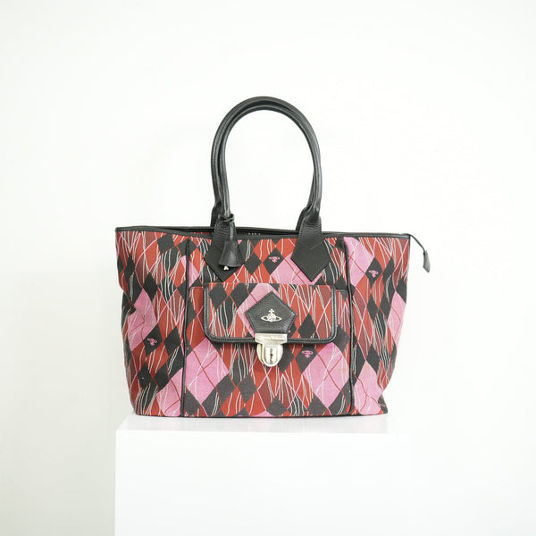 Vivienne Westwood Red and Pink Argyle Fabric Pattern Tote Bag