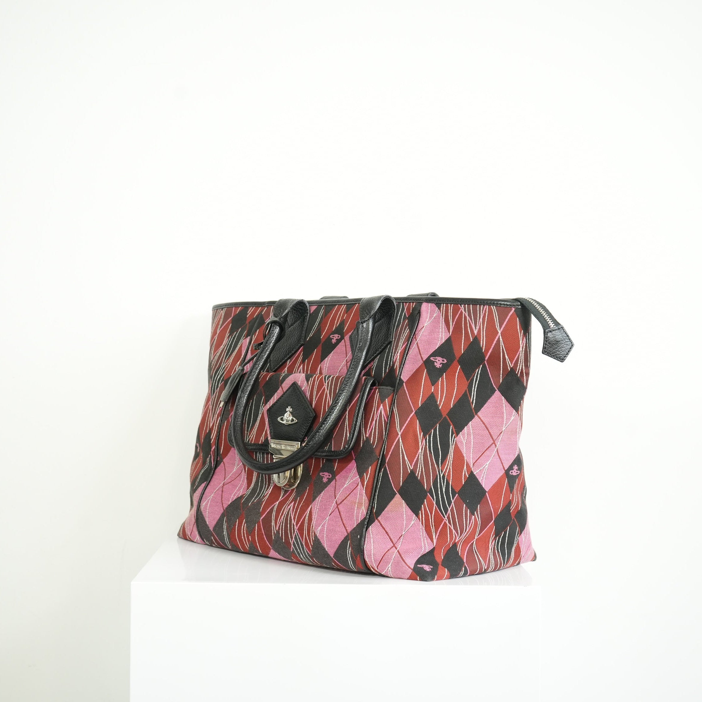Vivienne Westwood Red and Pink Argyle Fabric Pattern Tote Bag