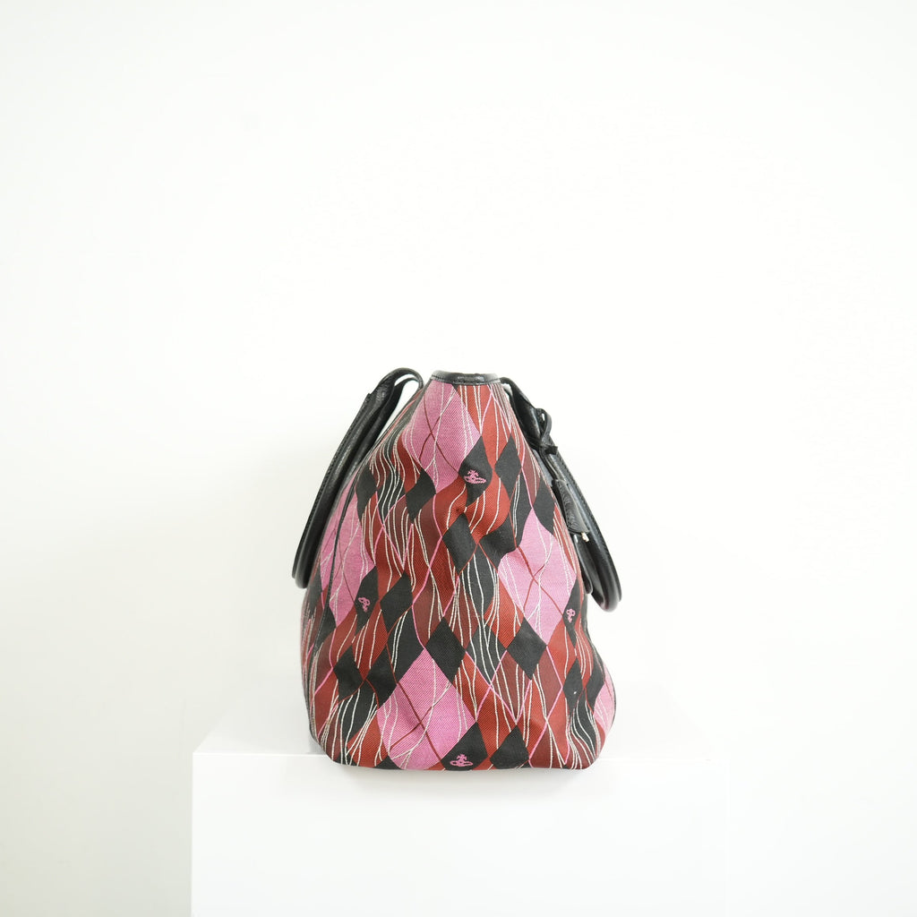Vivienne Westwood Red and Pink Argyle Fabric Pattern Tote Bag