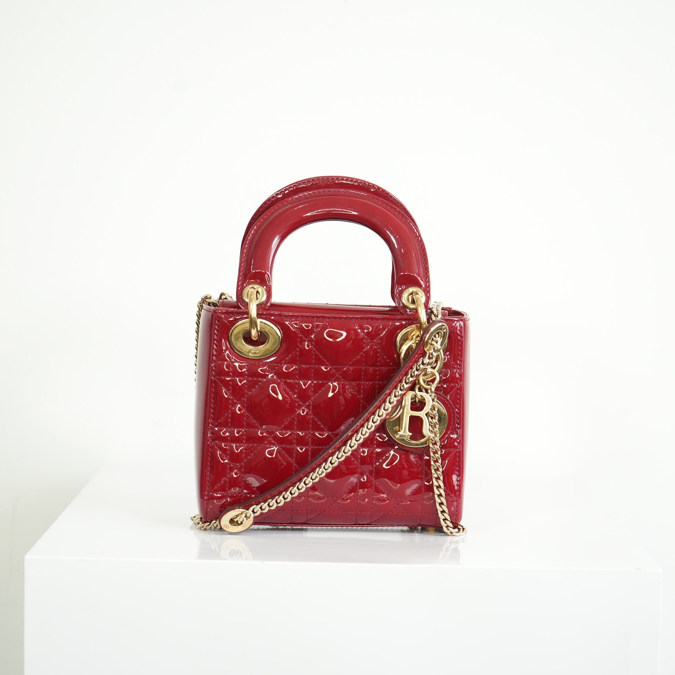 Christian Dior Mini Red Lady Dior Quilted Patent Top Handle Gold Hardware