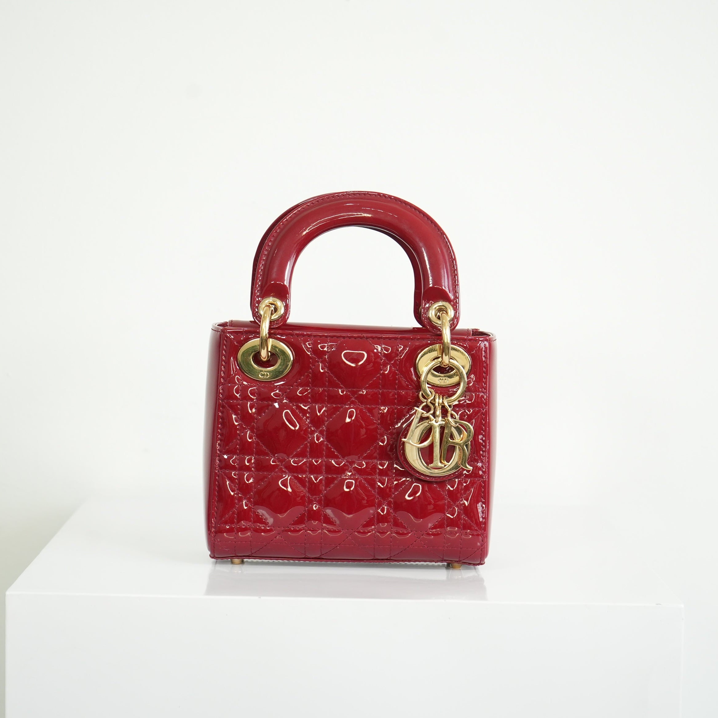 Christian Dior Mini Red Lady Dior Quilted Patent Top Handle Gold Hardware