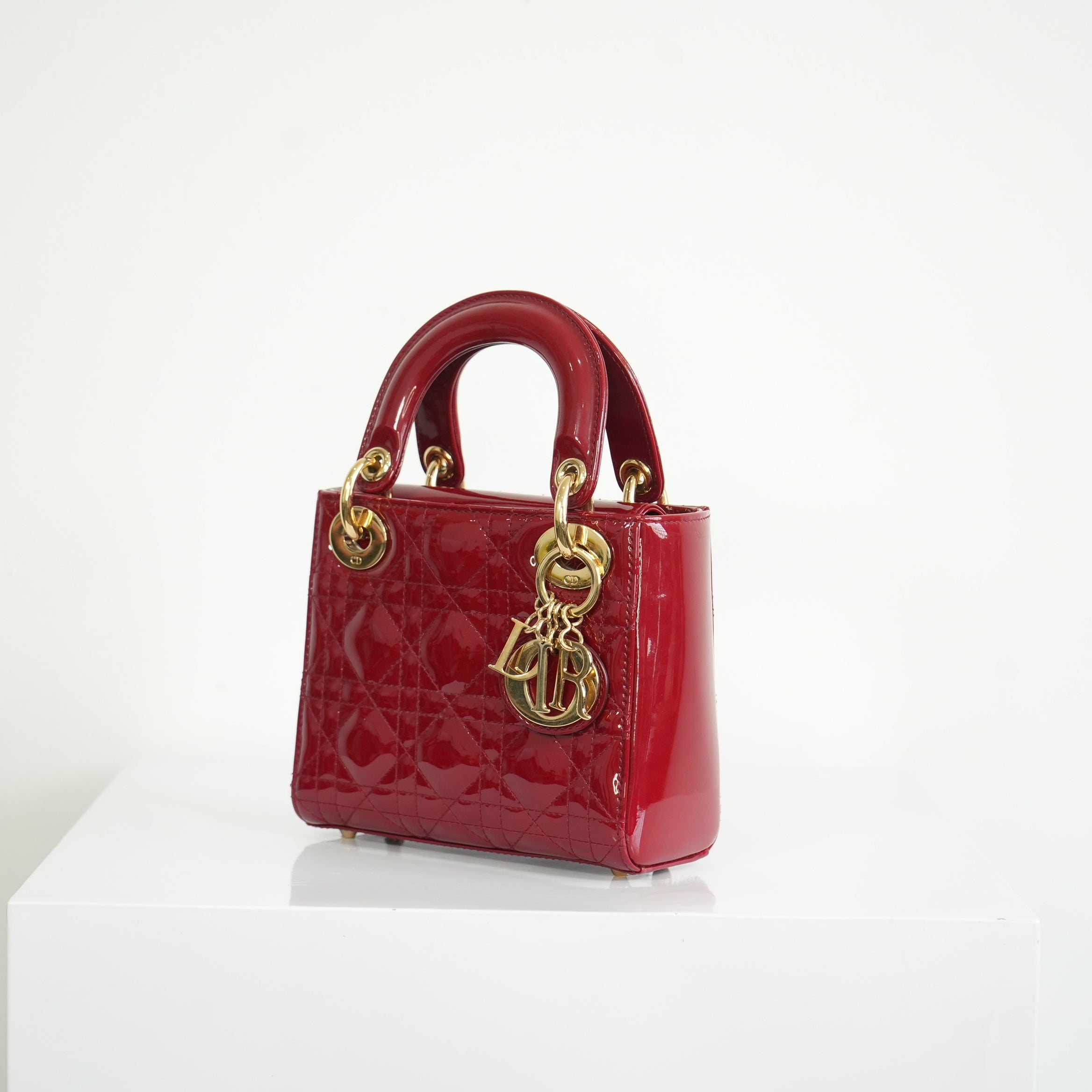 Christian Dior Mini Red Lady Dior Quilted Patent Top Handle Gold Hardware