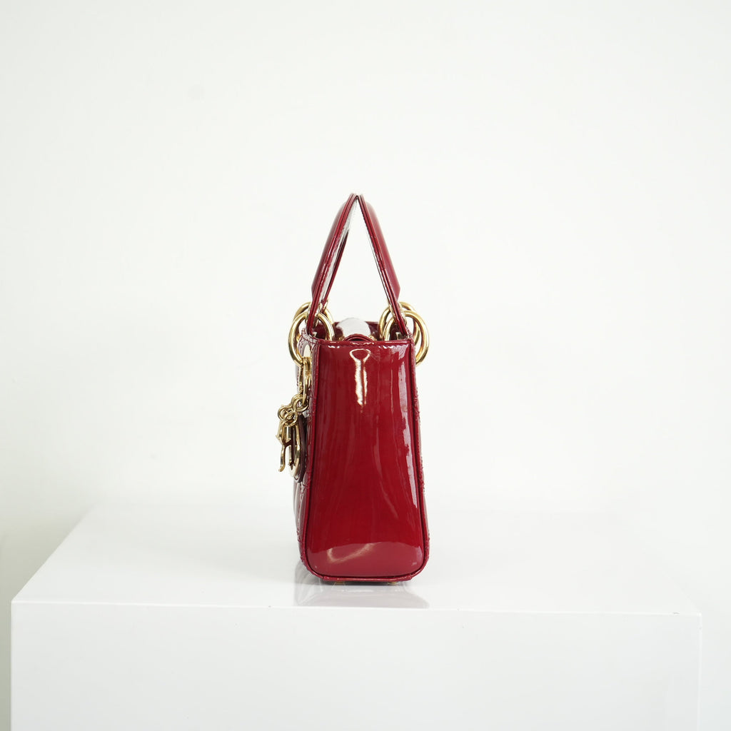 Christian Dior Mini Red Lady Dior Quilted Patent Top Handle Gold Hardware