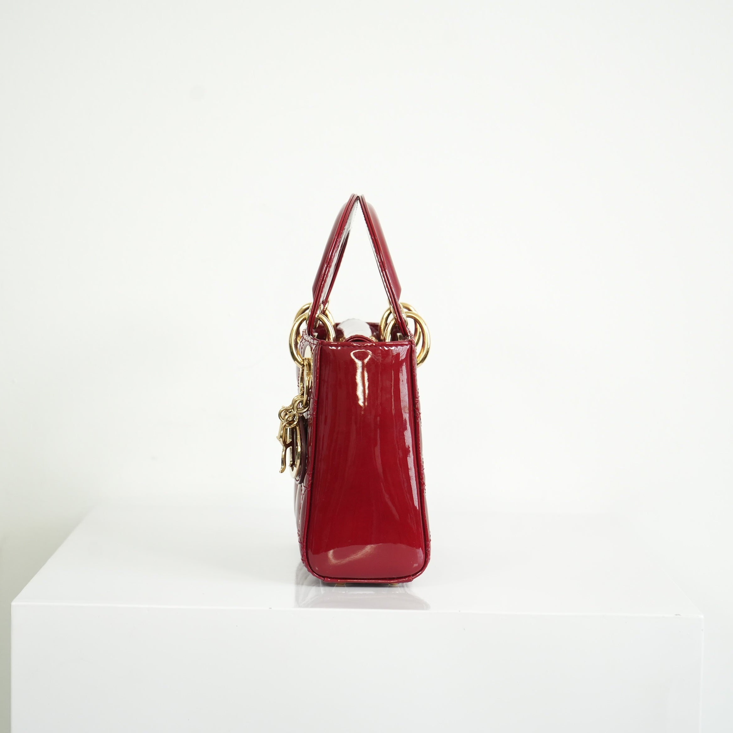 Christian Dior Mini Red Lady Dior Quilted Patent Top Handle Gold Hardware
