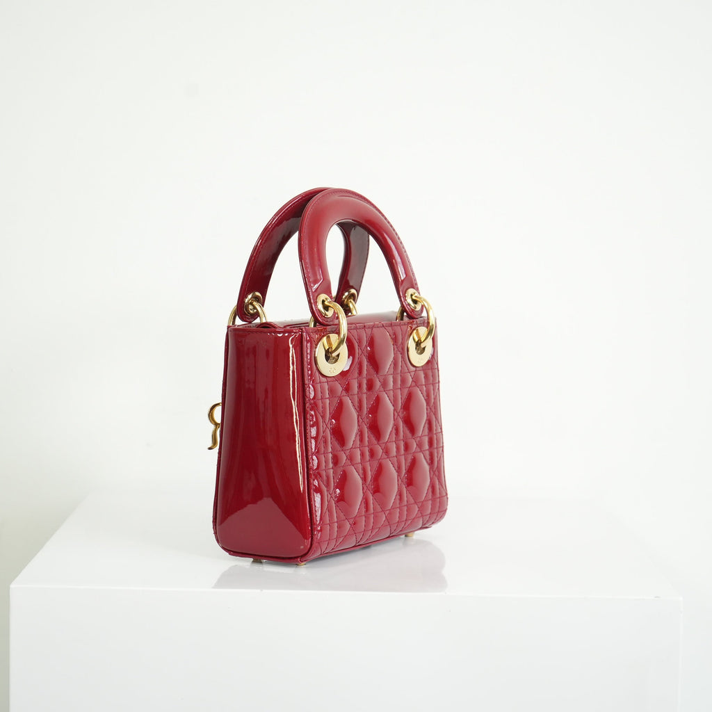 Christian Dior Mini Red Lady Dior Quilted Patent Top Handle Gold Hardware