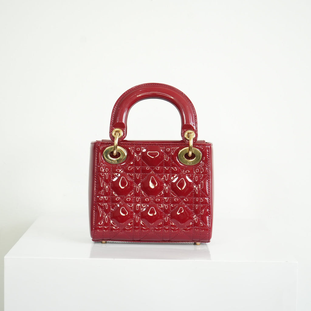 Christian Dior Mini Red Lady Dior Quilted Patent Top Handle Gold Hardware