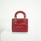 Christian Dior Mini Red Lady Dior Quilted Patent Top Handle Gold Hardware