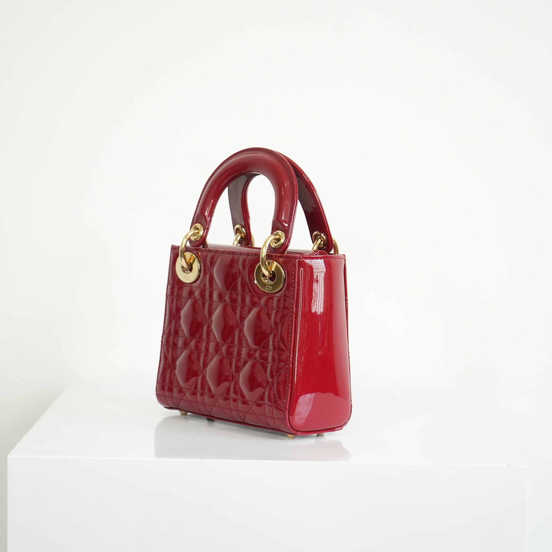 Christian Dior Mini Red Lady Dior Quilted Patent Top Handle Gold Hardware