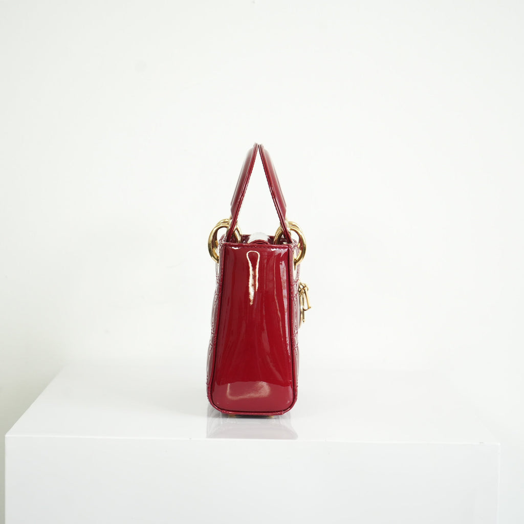 Christian Dior Mini Red Lady Dior Quilted Patent Top Handle Gold Hardware