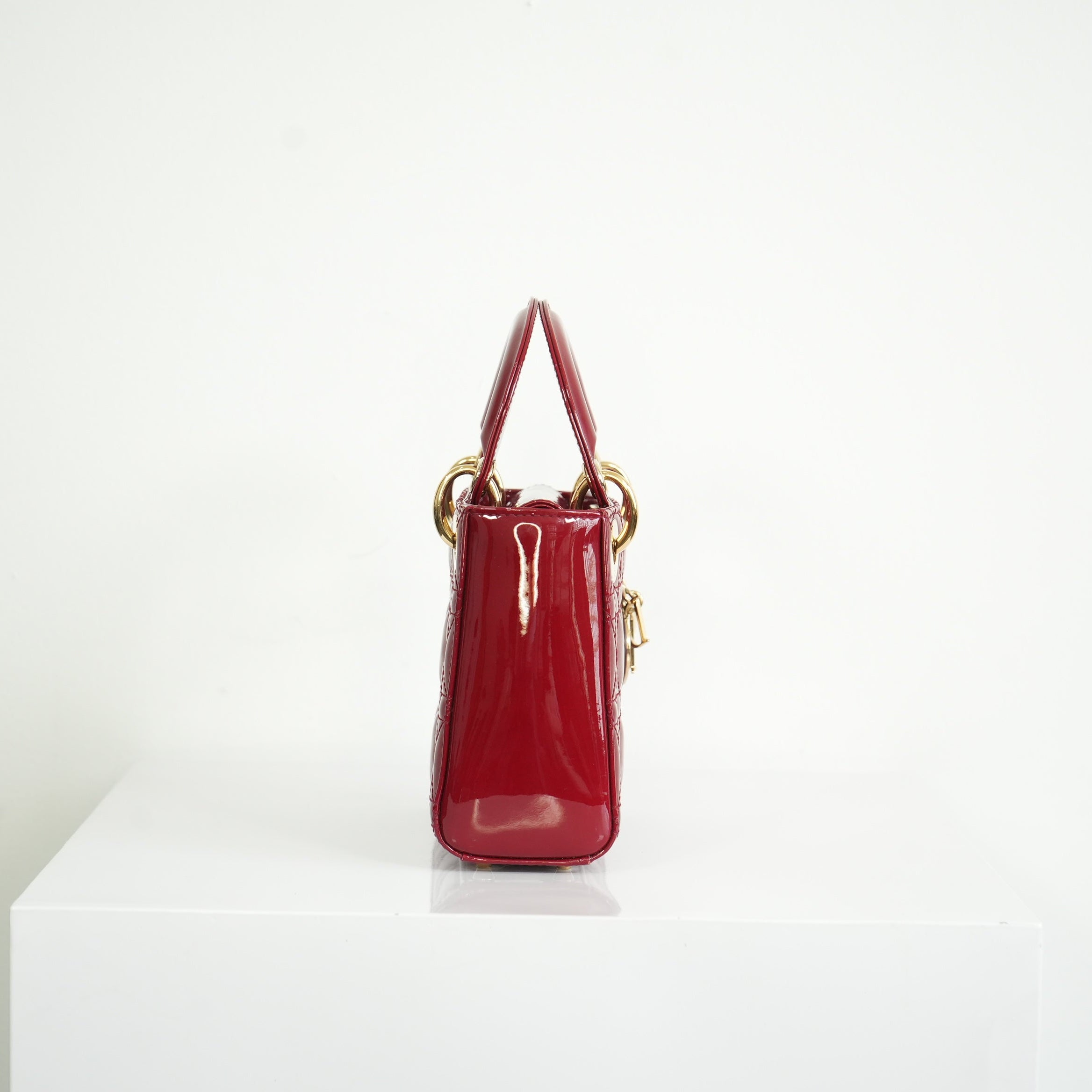 Christian Dior Mini Red Lady Dior Quilted Patent Top Handle Gold Hardware